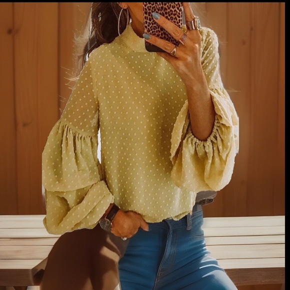 Breathtaking Mandarin Collar Unique Lower Puffy Sleeve Dot Mustard Yellow Blouse - Picture 1 of 6